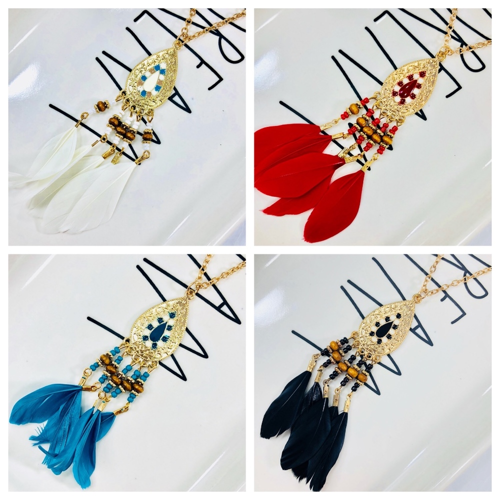 Boho tribal feather pendant long necklace gold